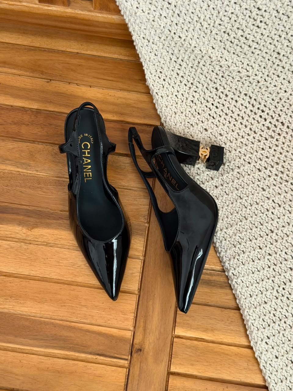 Chanel patent calfskin slingback pumps