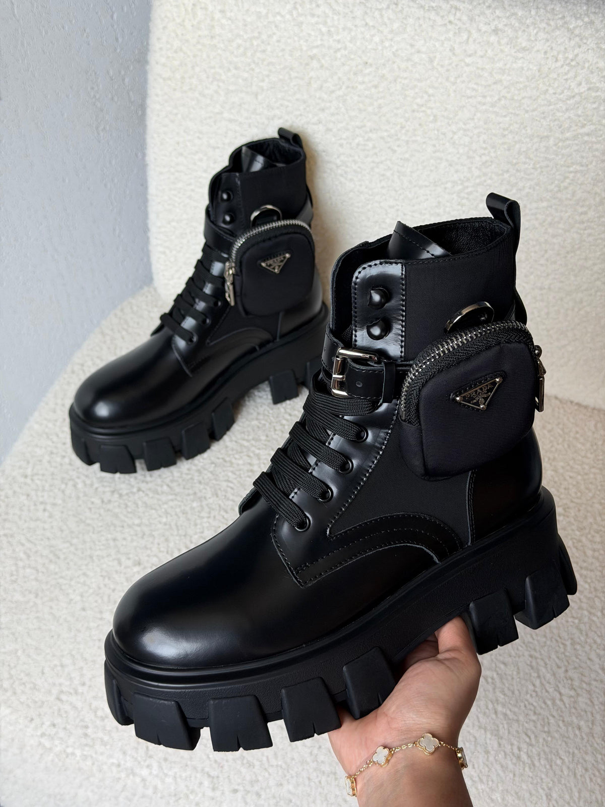 Prada Monolith Leather and Re-Nylon Combat Boots