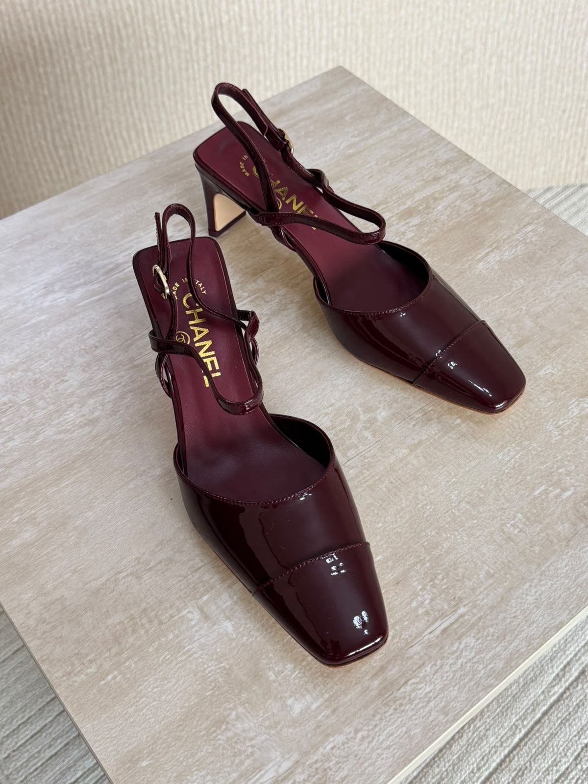 Chanel patent calfskin square-toe slingback pumps
