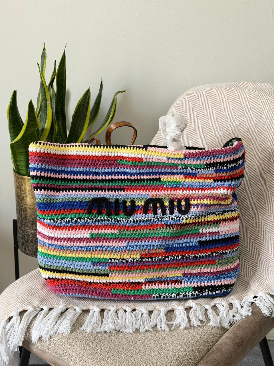 Miu Miu Crochet Knit Striped Large Tote Bag – Multicolor