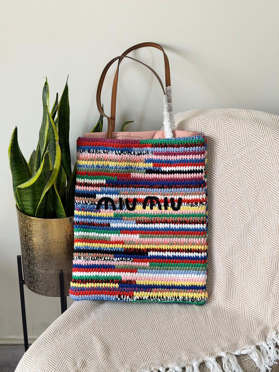 Miu Miu Crochet Knit Vertical Shopping Tote Bag – Multicolor