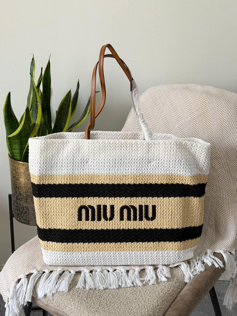 Miu Miu Woven Striped Large Tote Bag – Beige, White & Black