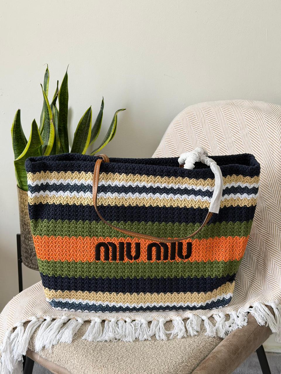 Miu Miu Crochet Knit Striped Large Tote Bag – Earthy Multicolor