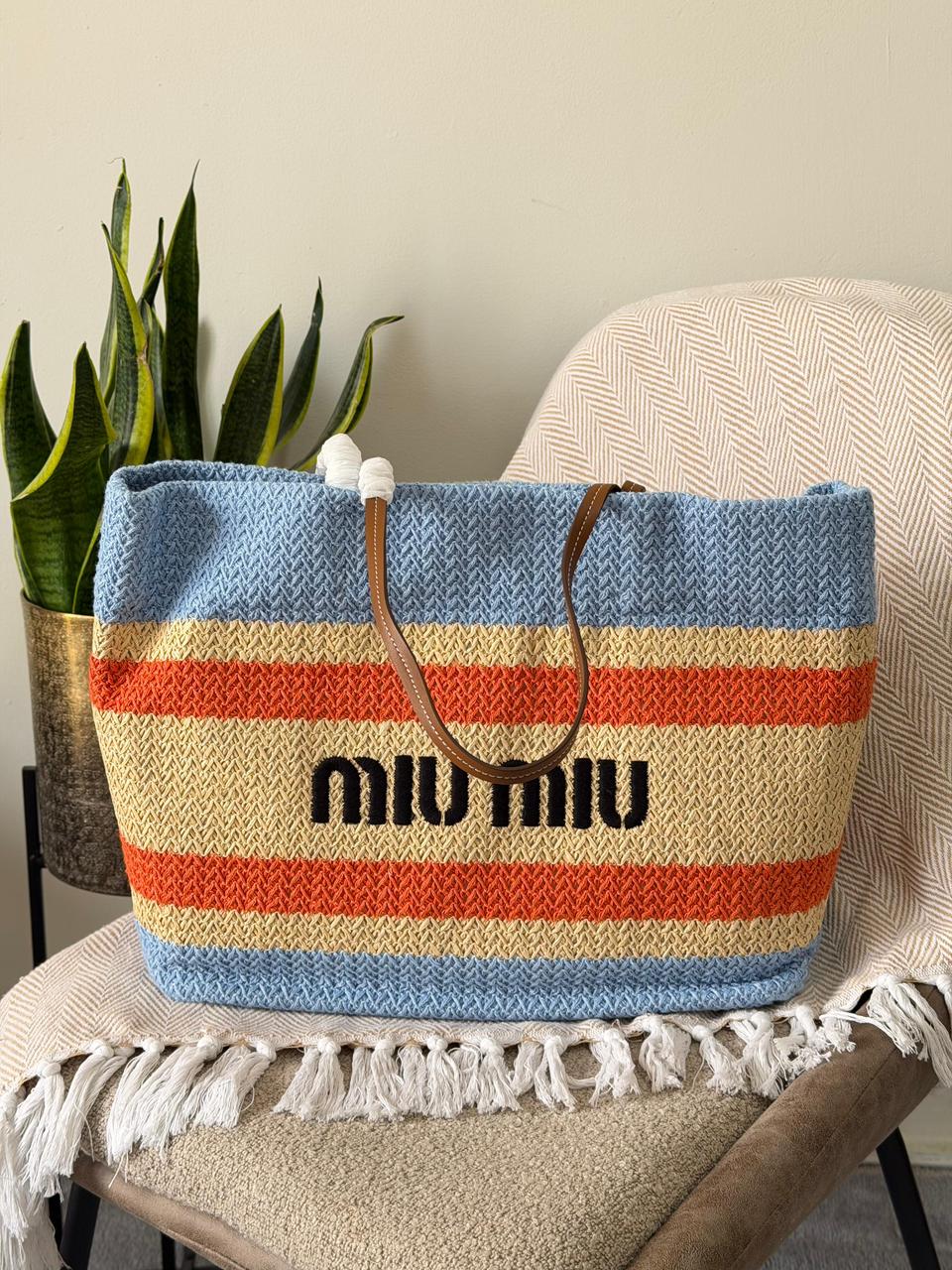 Miu Miu Crochet Knit Striped Large Tote Bag – Light Blue & Orange
