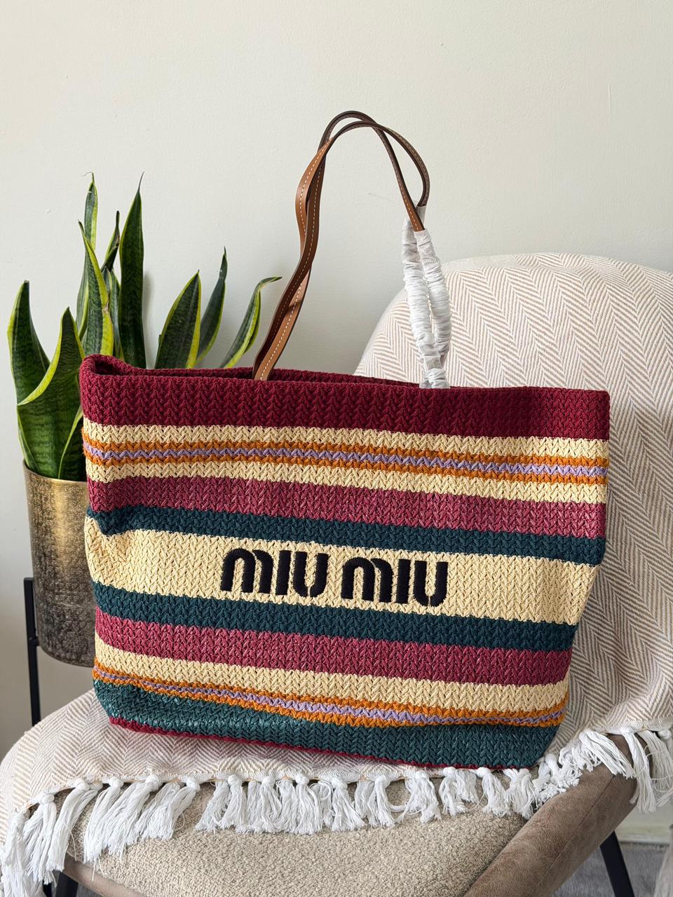 Miu Miu Crochet Knit Striped Large Tote Bag – Burgundy & Jewel Multicolor