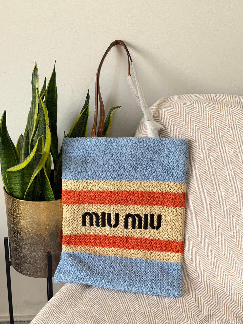 Miu Miu Crochet Knit Vertical Shopping Tote Bag – Light Blue & Orange