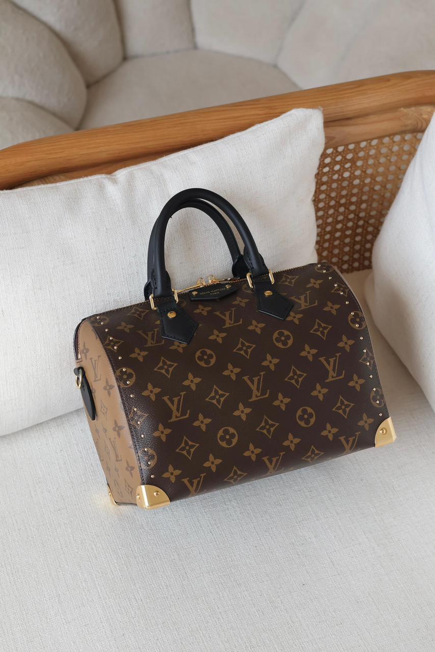 Louis Vuitton Monogram Speedy Bandoulière Trunk 20 Bag – Brown Canvas with Gold Studs & Metal Corners