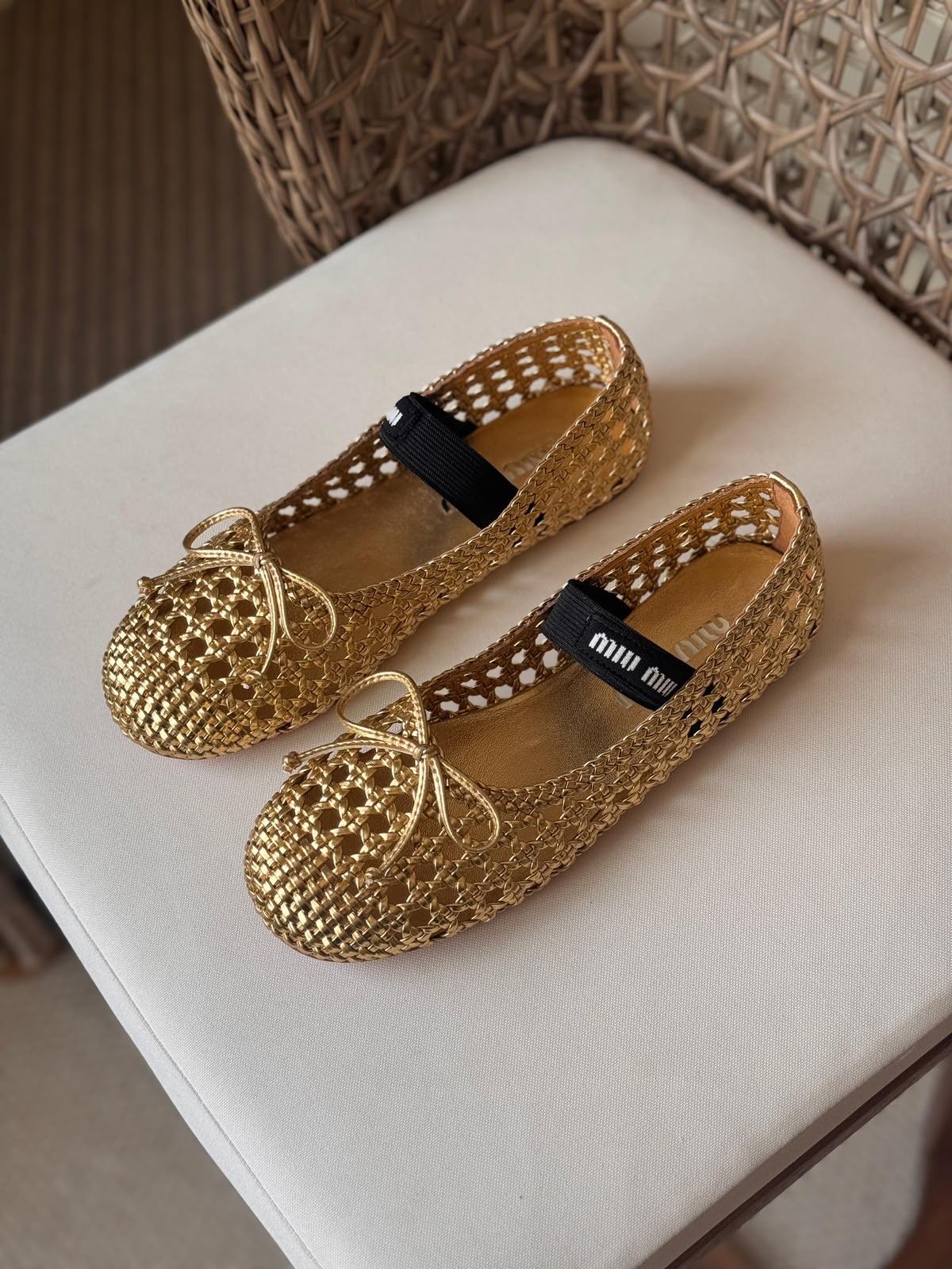 Miu Miu Woven Mesh Mary Jane Ballet Flats – Premium Logo Strap Ballerinas