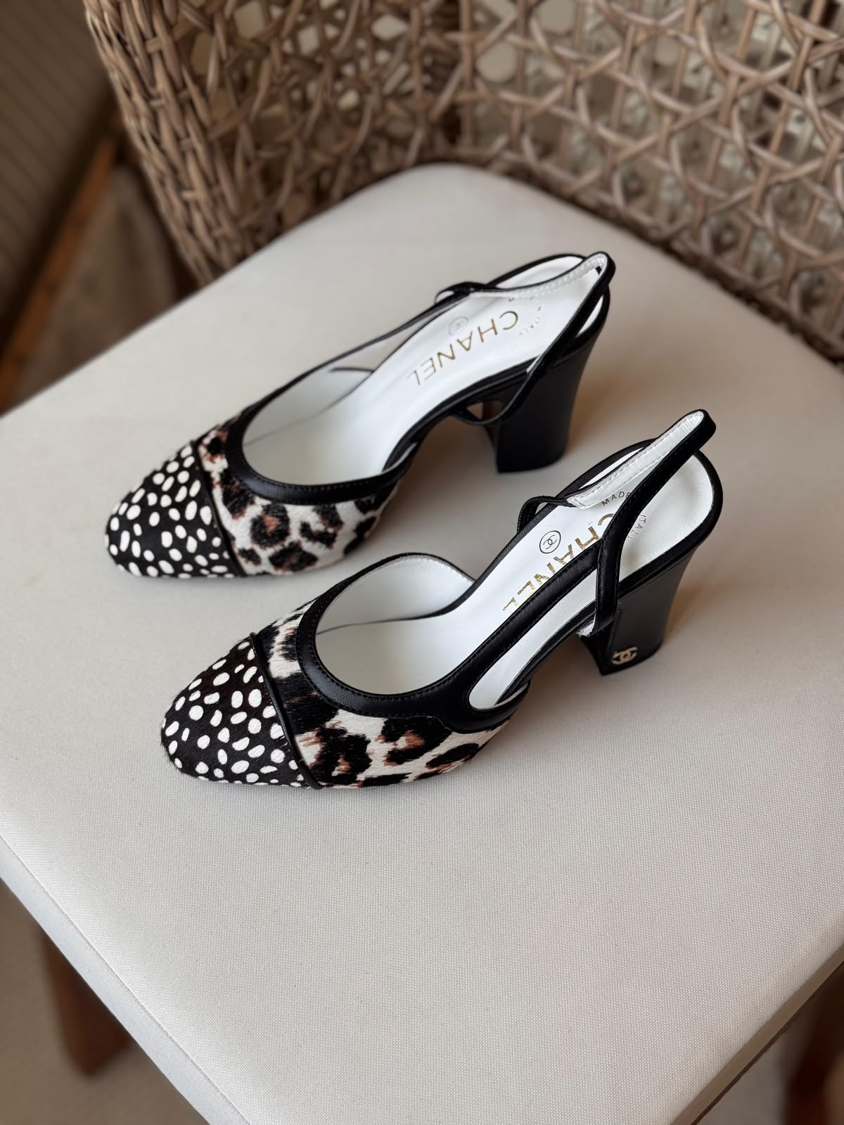 Chanel Leopard & Polka Dot Calf Hair Slingback Pumps – Luxury Mixed Print Block Heels