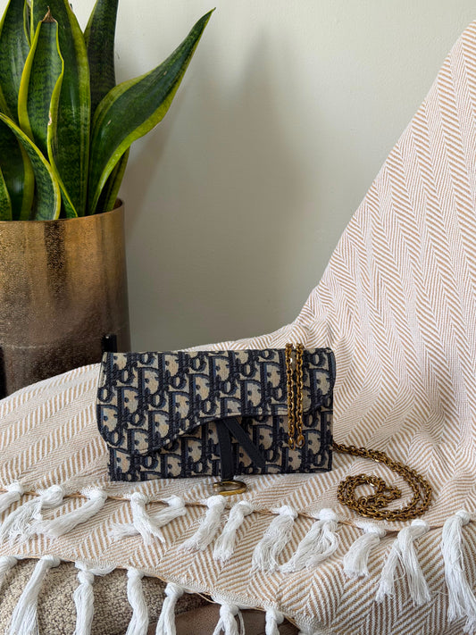 Christian Dior Navy Blue Oblique Saddle Wallet on Chain 20 CM