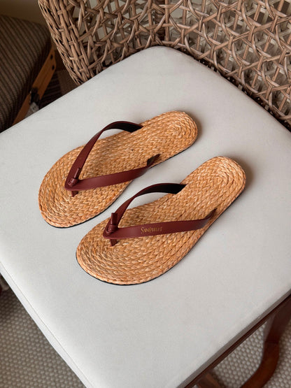 Saint Laurent Pool Flip-Flops in Smooth Leather and Raffia