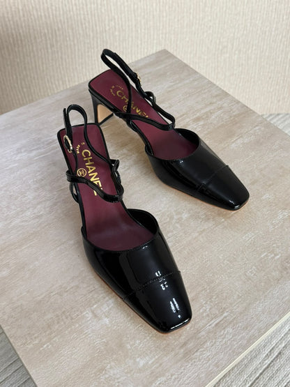 Chanel patent calfskin square-toe slingback pumps