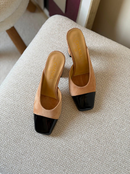 Chanel Suede Kidskin and Patent Calfskin Mules