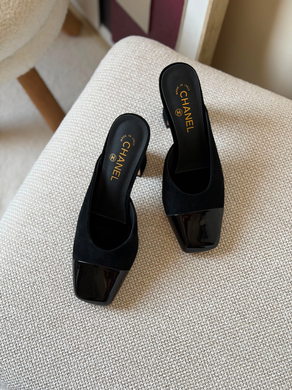 Chanel Suede Kidskin and Patent Calfskin Mules