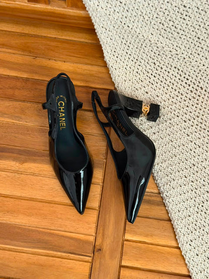 Chanel patent calfskin slingback pumps