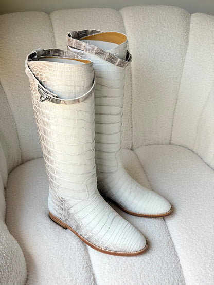 Hermès Blanc Matte Niloticus Crocodile Himalaya Jumping Boots