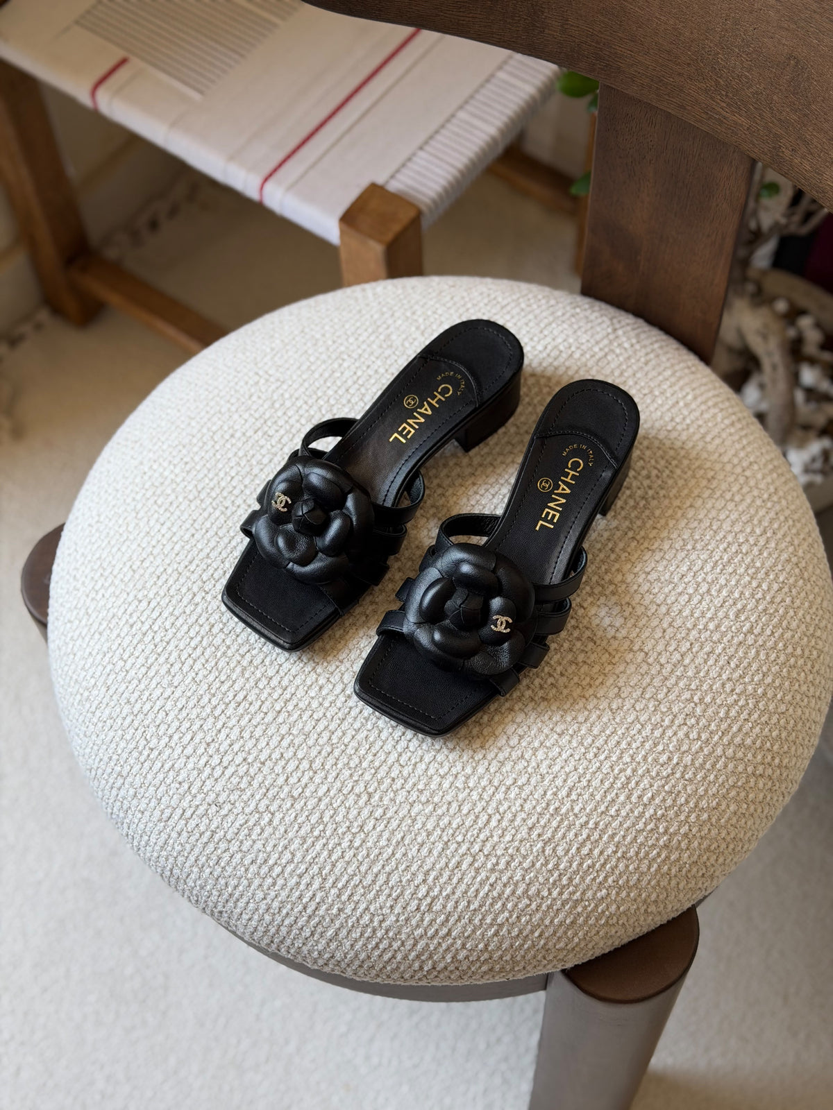 Chanel Crackled Laminated Calfskin Camellia Sandals