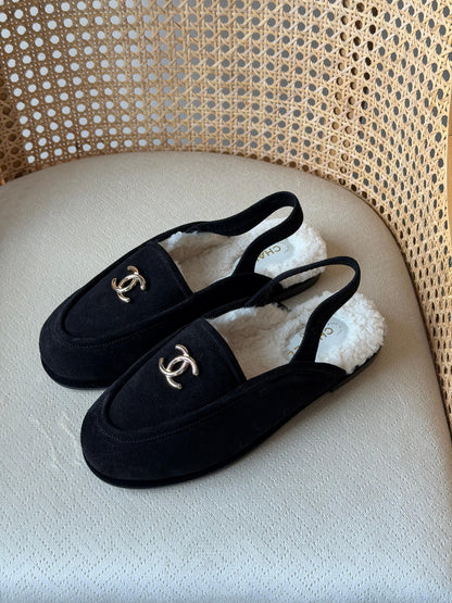 Chanel shearling-lined slingback loafers