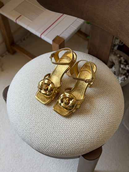 Chanel Crackled Laminated Calfskin Camellia Sandals