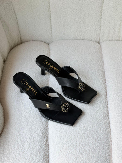 Chanel square-toe thong mule heels featuring