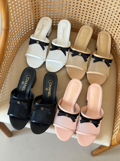 Chanel mesh and lambskin block-heel mules