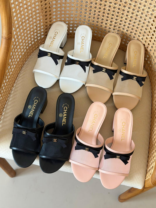 Chanel mesh and lambskin block-heel mules