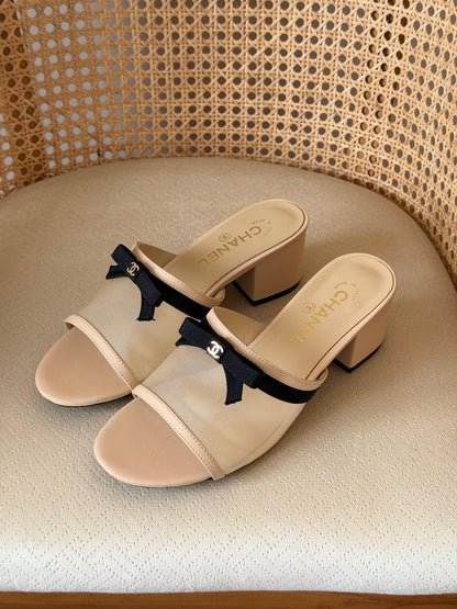 Chanel mesh and lambskin block-heel mules