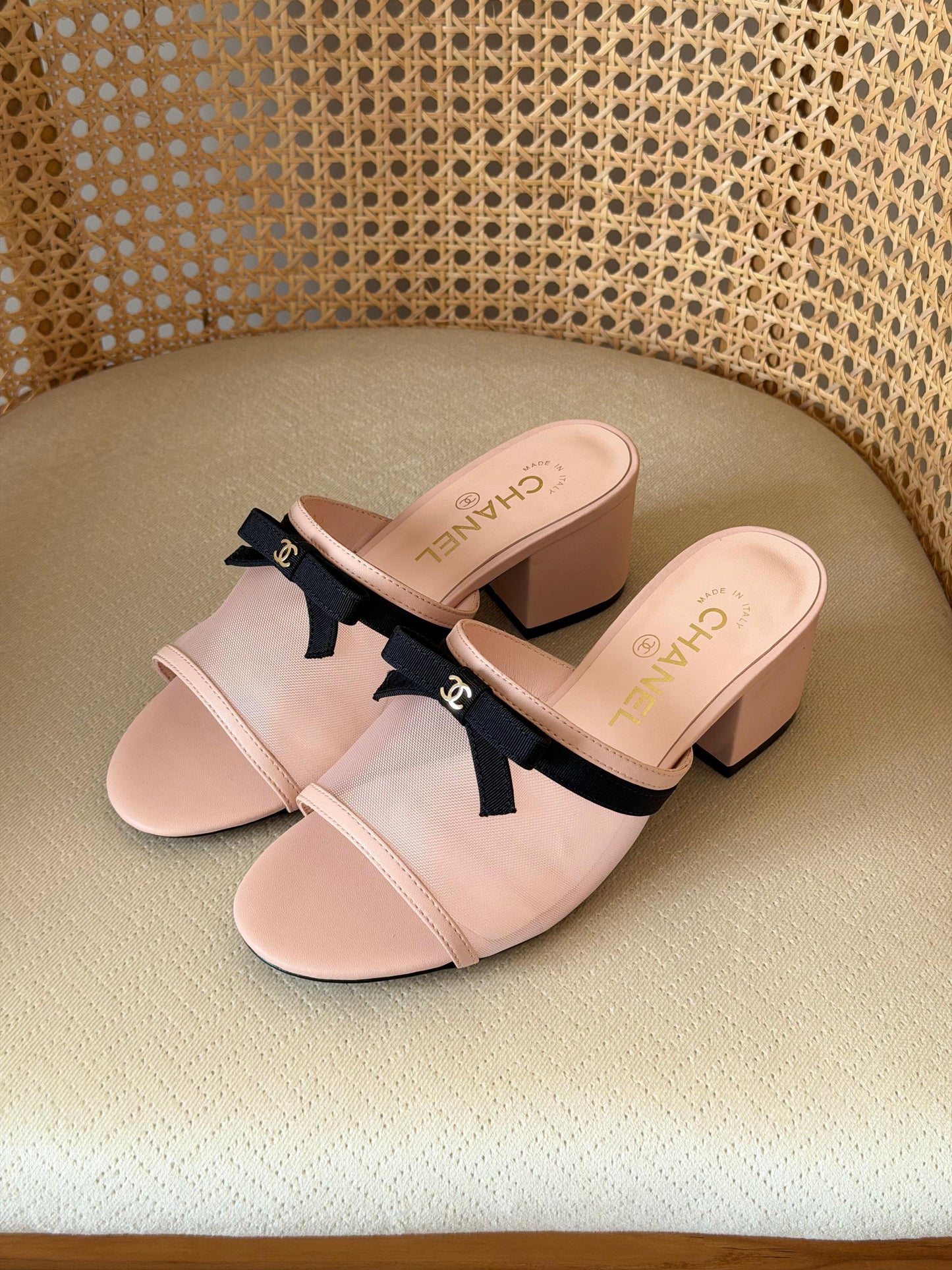 Chanel mesh and lambskin block-heel mules