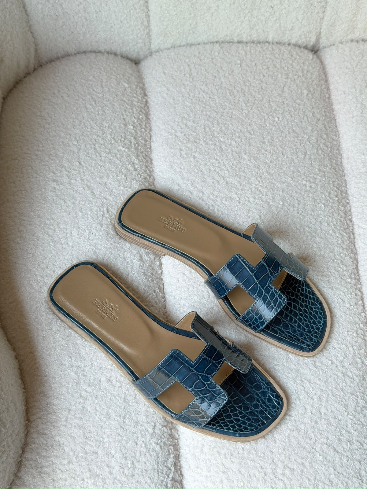 Hermès Oran sandals in crocodile-embossed leather