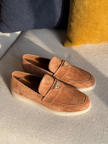 Prada cognac suede leather loafers
