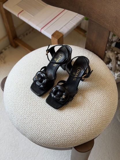 Chanel Crackled Laminated Calfskin Camellia Sandals