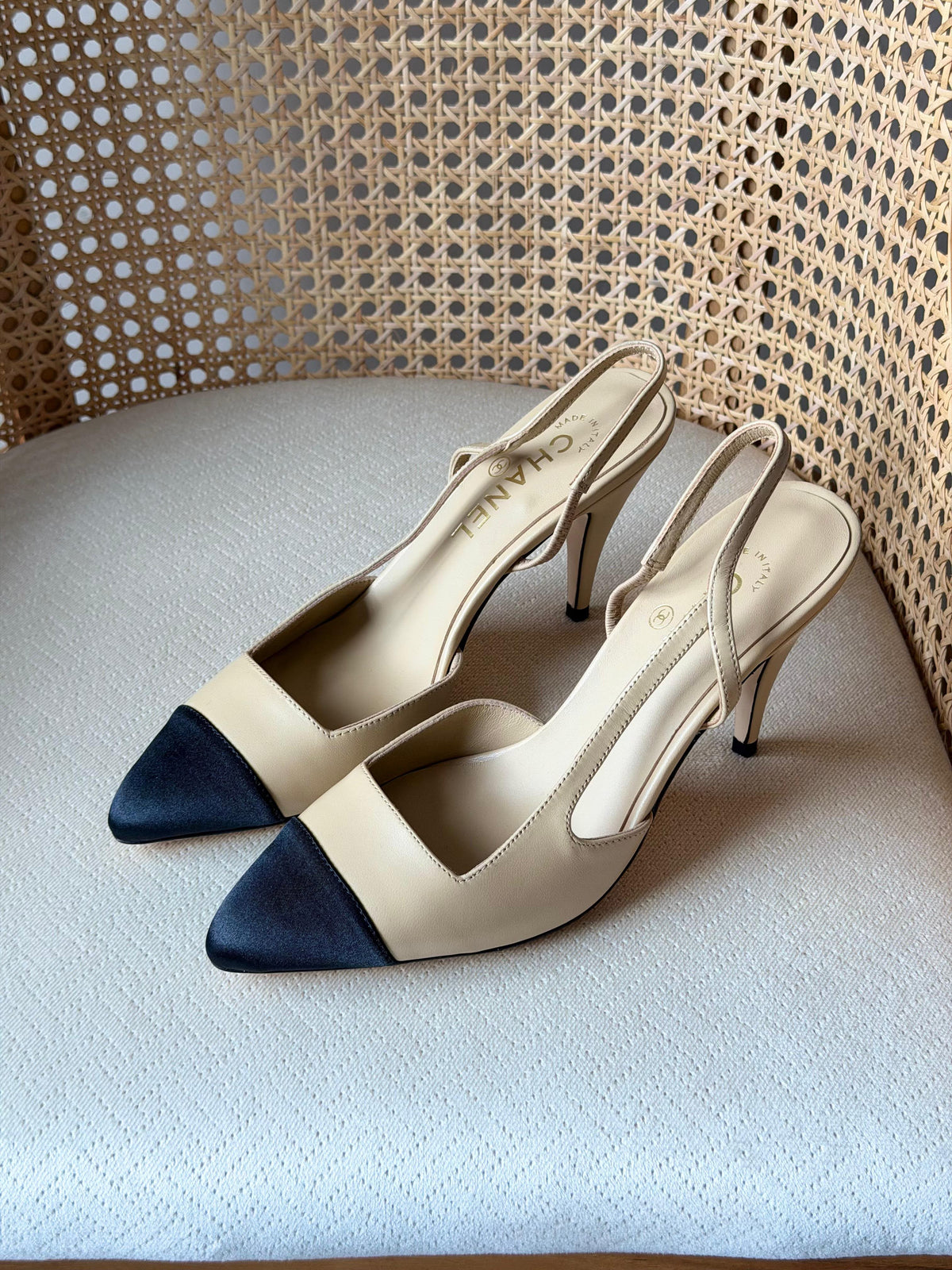 Chanel Goatskin Mixed Fibers Cap Toe Slingback Pumps