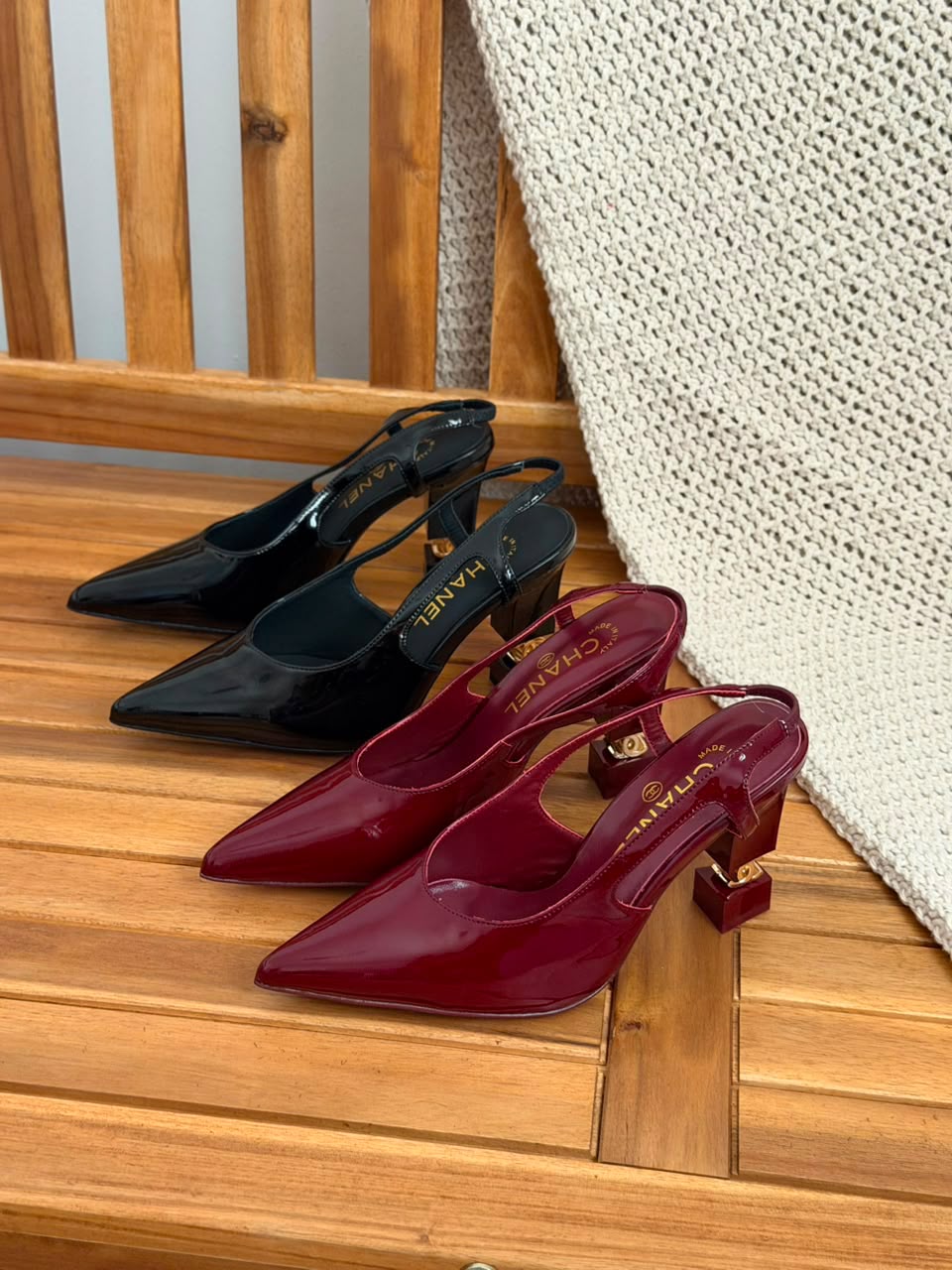 Chanel patent calfskin slingback pumps