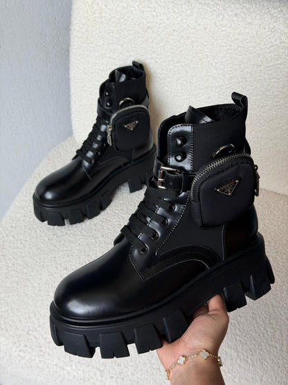 Prada Monolith Leather and Re-Nylon Combat Boots