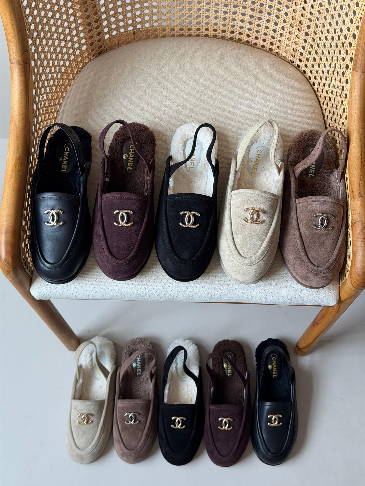 Chanel shearling-lined slingback loafers