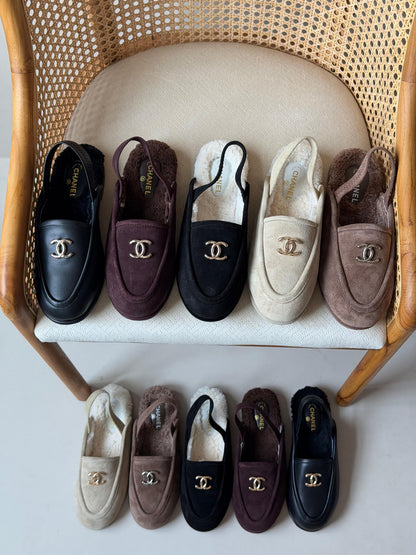 Chanel shearling-lined slingback loafers