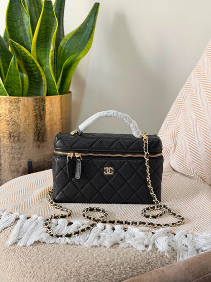 Chanel Metallic Quilted Caviar Long Vanity Cases with Chain 19 CM