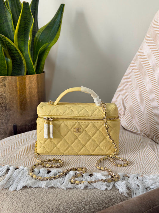 Chanel Metallic Quilted Caviar Long Vanity Cases with Chain 19 CM