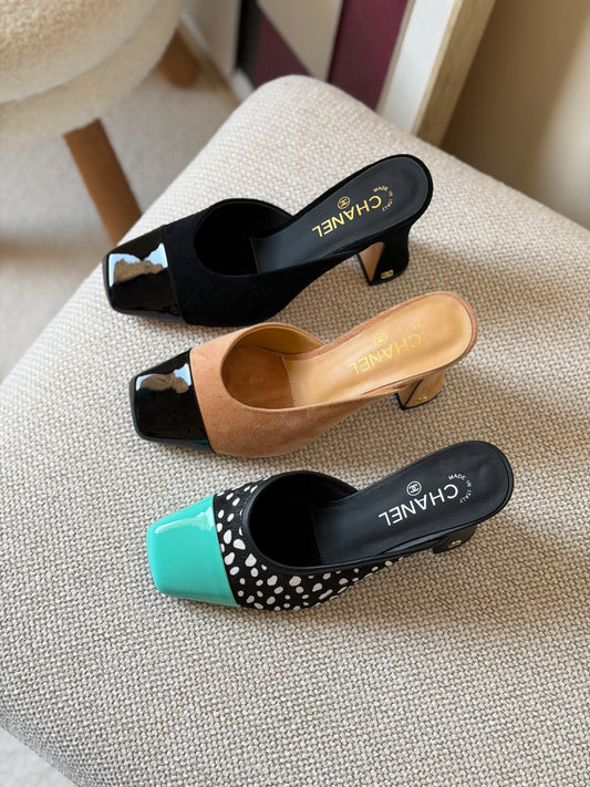 Chanel Suede Kidskin and Patent Calfskin Mules