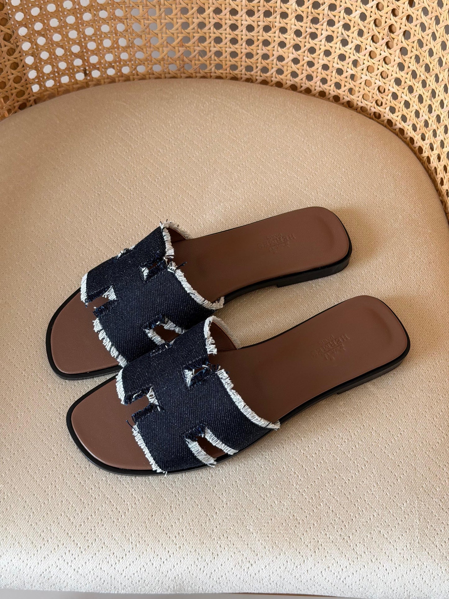 Hermès Fringed Linen Canvas Oran Sandals