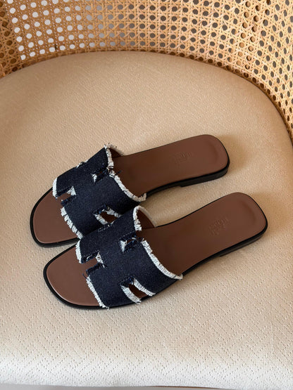 Hermès Fringed Linen Canvas Oran Sandals