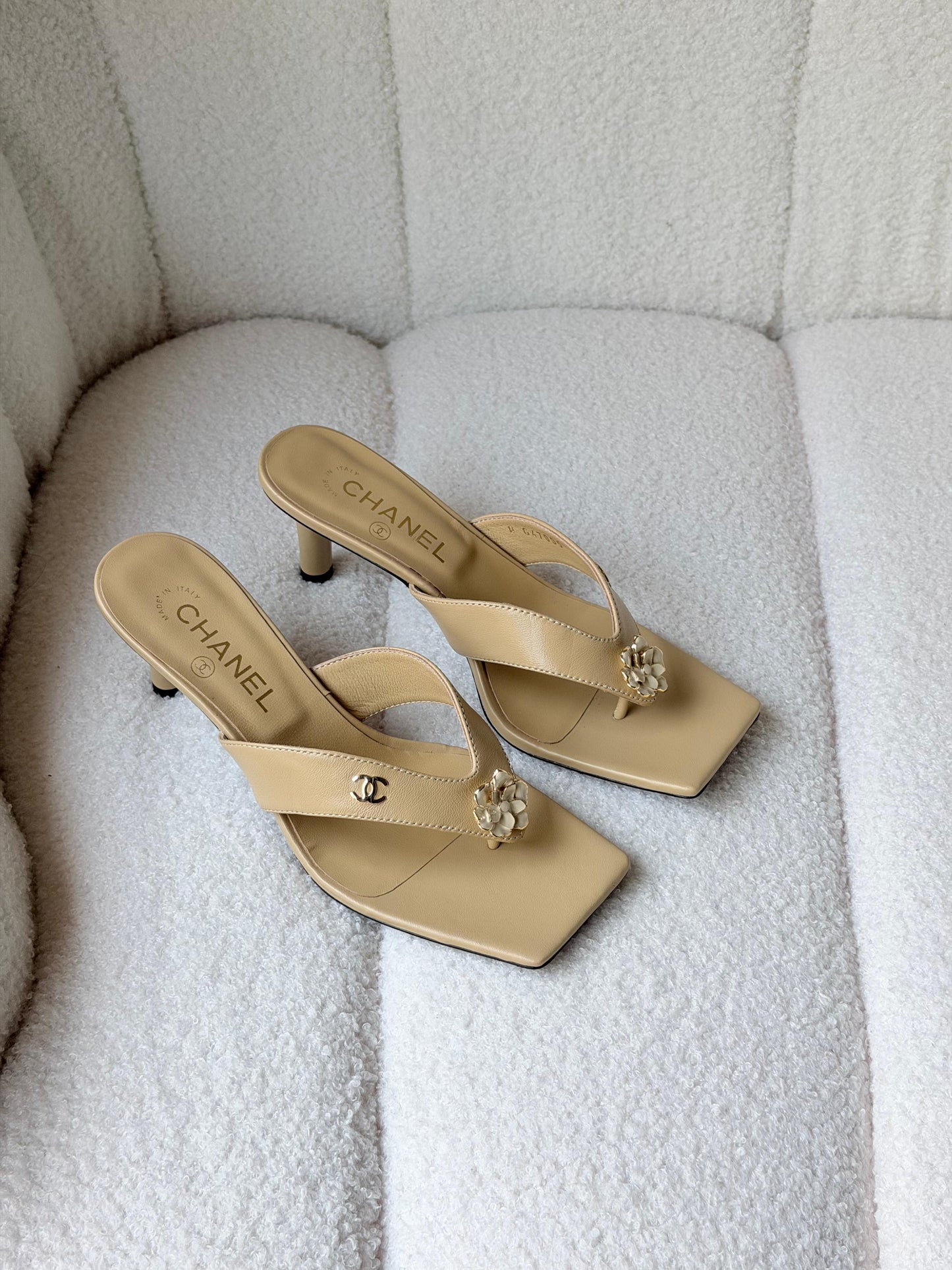 Chanel square-toe thong mule heels featuring