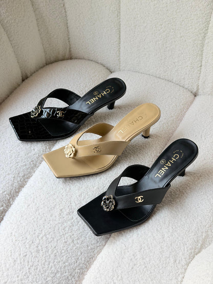 Chanel square-toe thong mule heels featuring