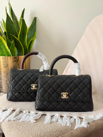 CHANEL black caviar leather coco handle flap bag 23 CM