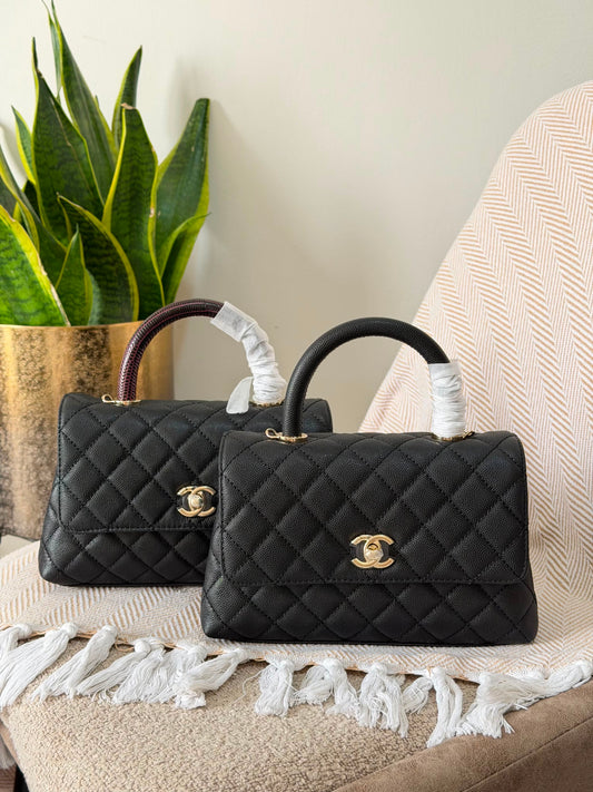 CHANEL black caviar leather coco handle flap bag 23 CM