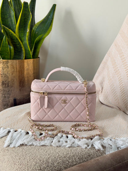 Chanel Metallic Quilted Caviar Long Vanity Cases with Chain 19 CM