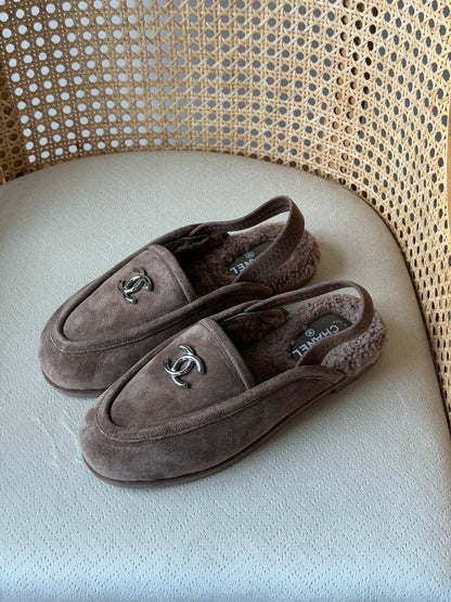 Chanel shearling-lined slingback loafers