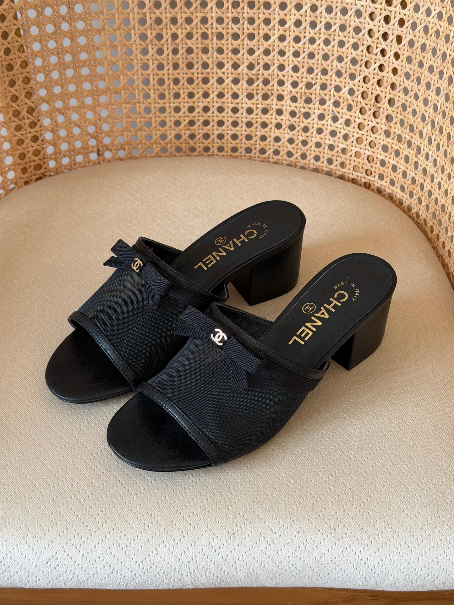 Chanel mesh and lambskin block-heel mules