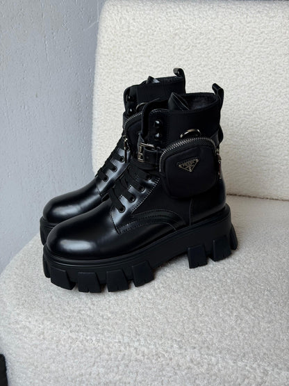 Prada Monolith Leather and Re-Nylon Combat Boots