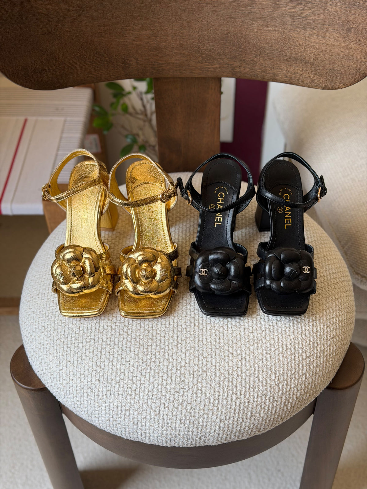 Chanel Crackled Laminated Calfskin Camellia Sandals